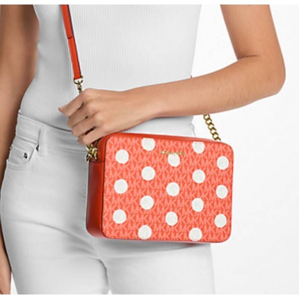 NWT~GIFTBOX~MICHAEL KORS Large Jet Set Red Clay Polka Dot Sig Logo Crossbody Bag - Picture 4 of 7